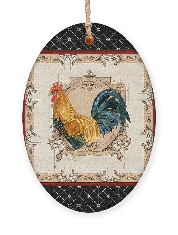 Etched Ornament featuring the painting French Country Roosters Quartet 4 by Audrey Jeanne Roberts