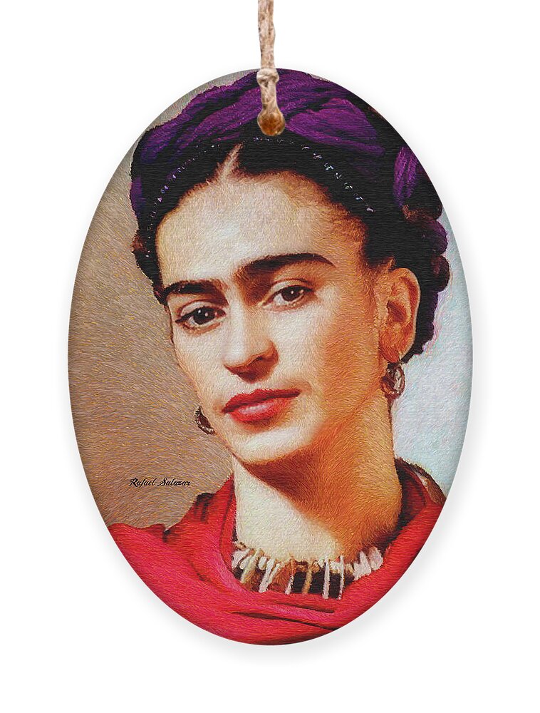 Rafael Salazar Ornament featuring the painting Frida in Red by Rafael Salazar