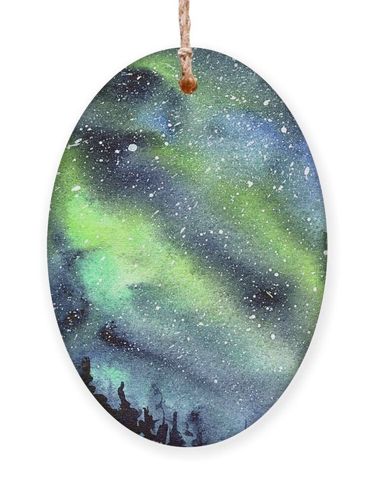 Watercolor Galaxy Ornament featuring the painting Galaxy Watercolor Nebula Northern Lights by Olga Shvartsur