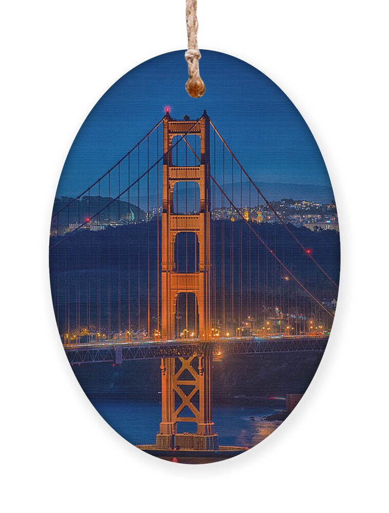 Golden Gate Bridge Ornament featuring the photograph Golden Gate Bridge Blue Hour by Paul Freidlund