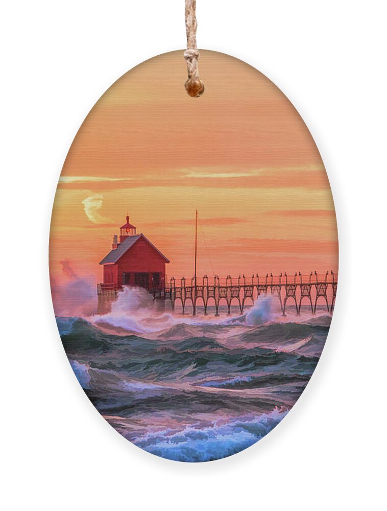 Grand Haven Ornament featuring the painting Grand Haven Lighthouses by Christopher Arndt