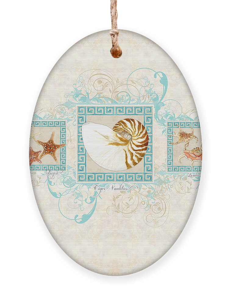 Seashells Ornament featuring the painting Greek Key Nautilus Starfish n Conch Shells by Audrey Jeanne Roberts