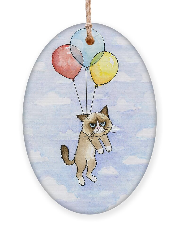 Grumpy Ornament featuring the painting Grumpy Cat and Balloons by Olga Shvartsur