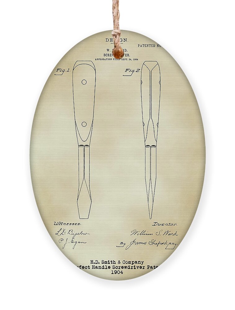 H D Smith Ornament featuring the digital art H. D. Smith Perfect Handle Screwdriver Patent Parchment by David Smith