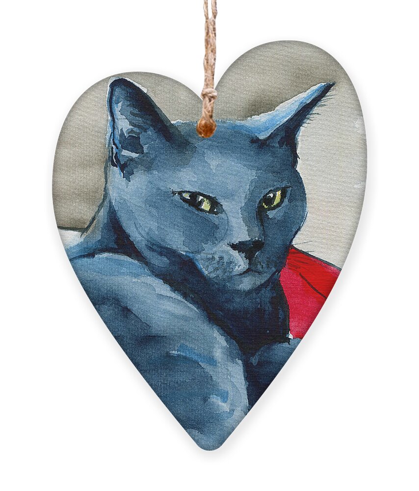 Cat Ornament featuring the painting Handsome Russian Blue Cat by Dora Hathazi Mendes
