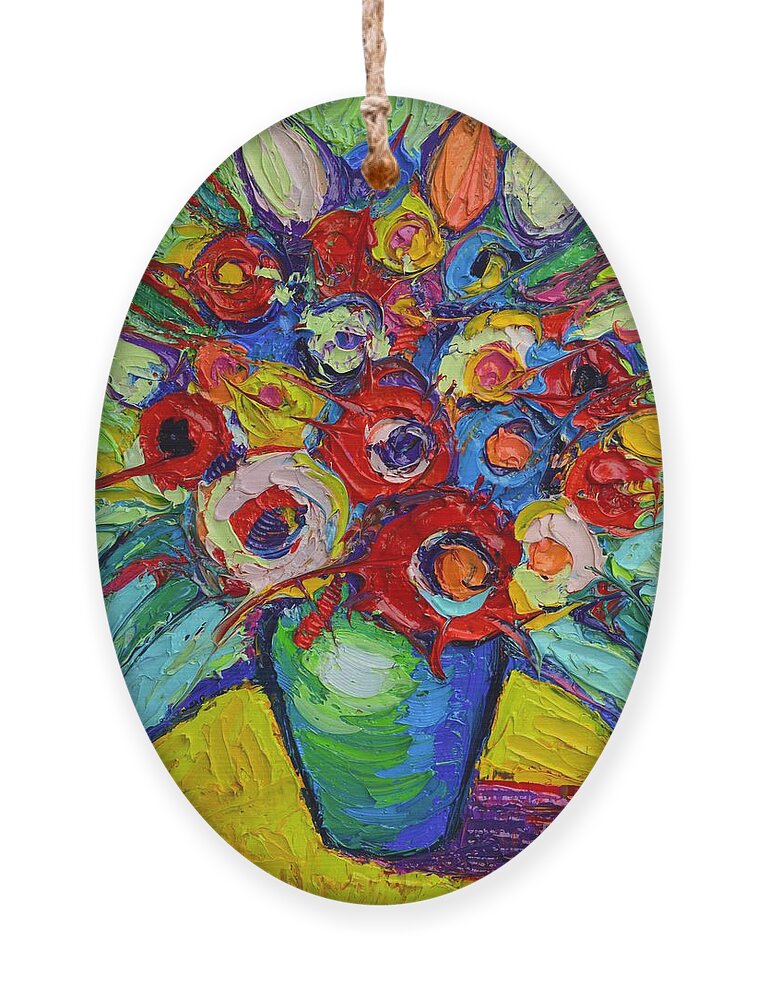 Abstract Ornament featuring the painting Happy Bouquet Of Poppies And Colorful Wildflowers On Round Yellow Table Impasto Abstract Flowers by Ana Maria Edulescu
