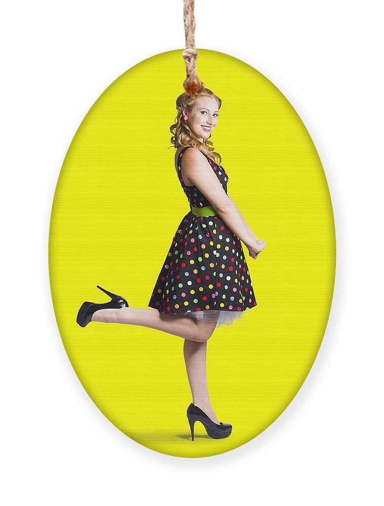 Retro Ornament featuring the photograph Happy woman in retro dress by Jorgo Photography