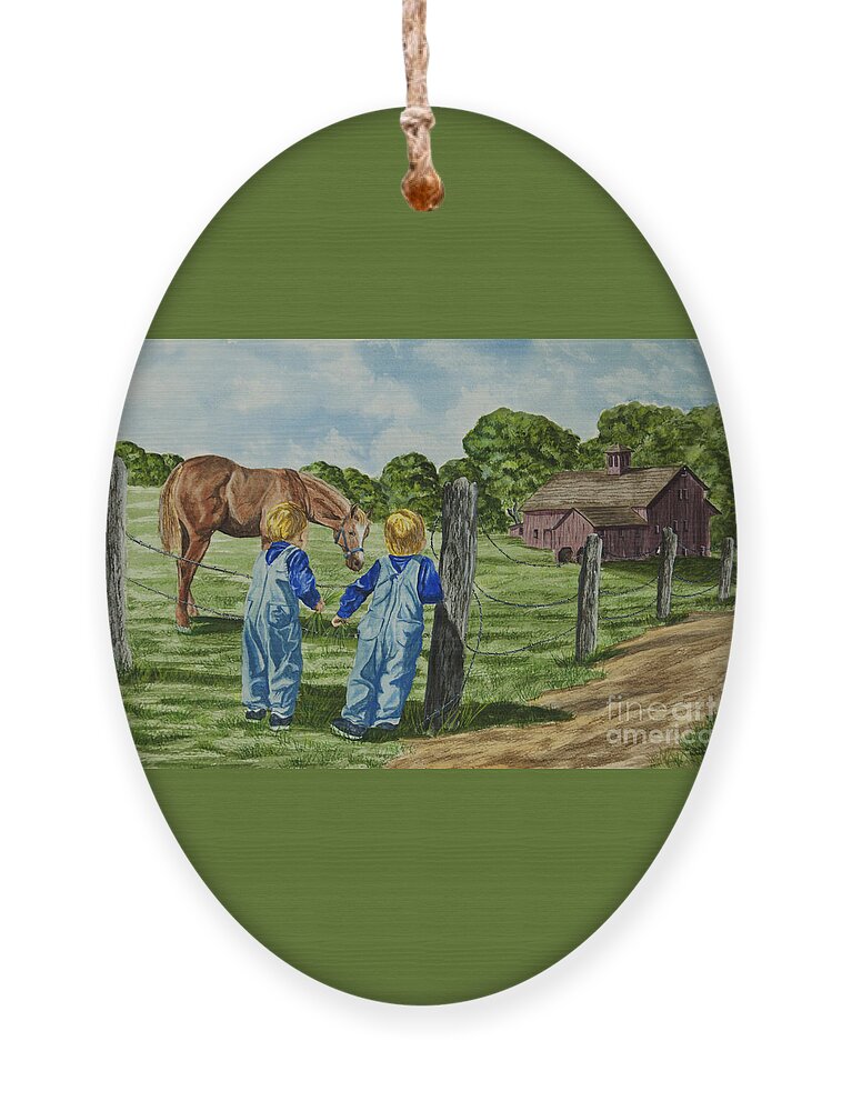 Country Kids Art Ornament featuring the painting Here Horsey Horsey by Charlotte Blanchard