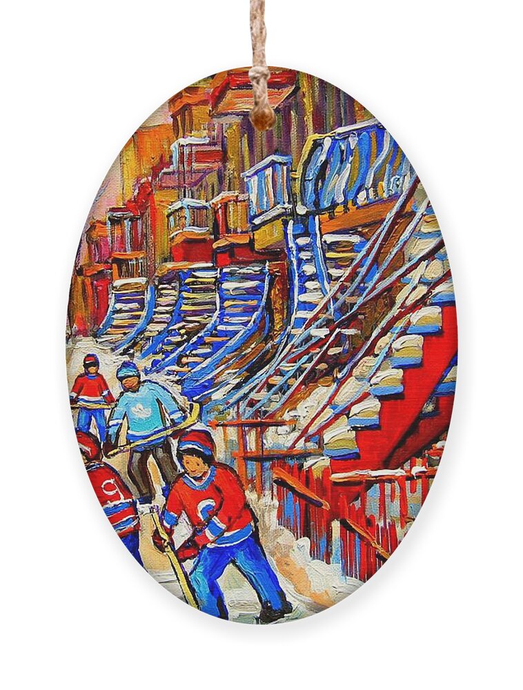 Montreal City Ornament featuring the painting Hockey Game Near The Red Staircase by Carole Spandau