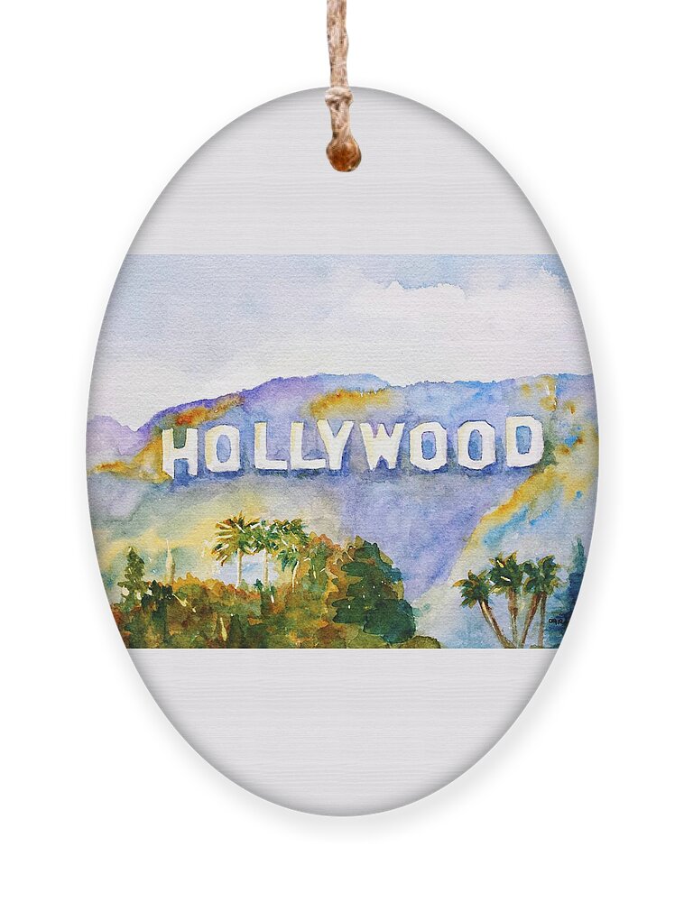 Hollywood Sign Ornament featuring the painting Hollywood Sign California by Carlin Blahnik CarlinArtWatercolor