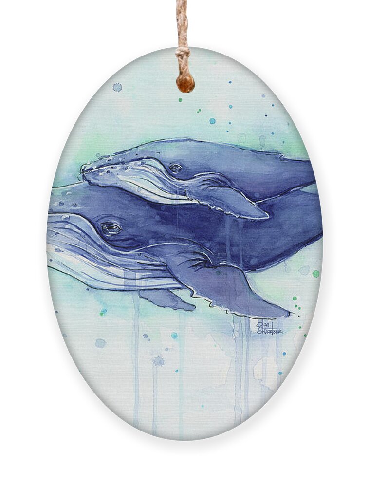 Whale Ornament featuring the painting Humpback Whale Mom and Baby Watercolor by Olga Shvartsur
