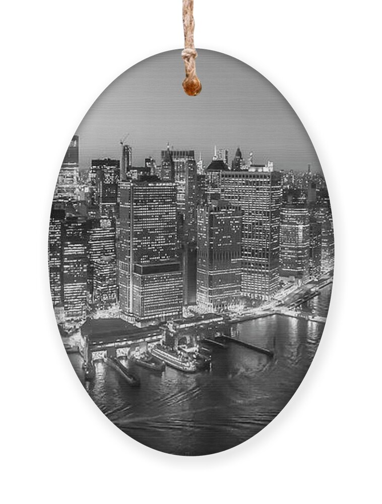 Aerial View Ornament featuring the photograph Illuminated Lower Manhattan NYC BW by Susan Candelario