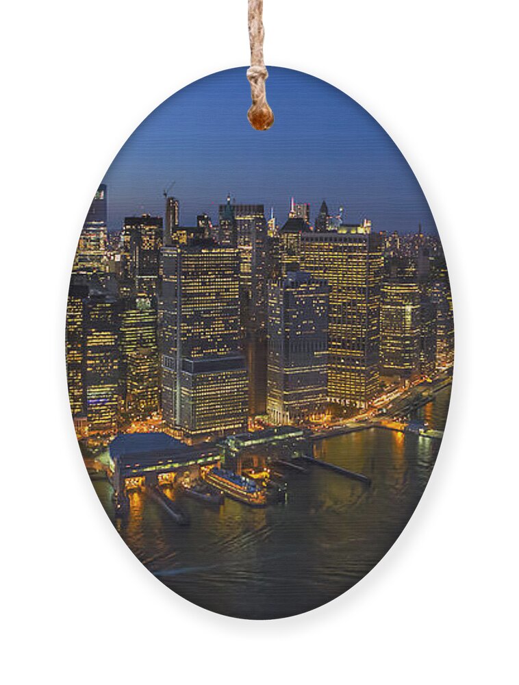 Aerial View Ornament featuring the photograph Illuminated Lower Manhattan NYC by Susan Candelario