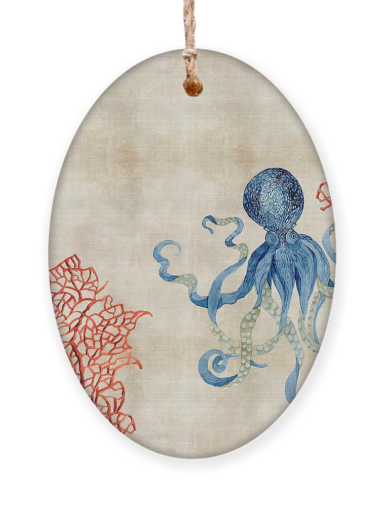 Octopus Ornament featuring the painting Indigo Ocean - Octopus Floating Amid Red Fan Coral by Audrey Jeanne Roberts