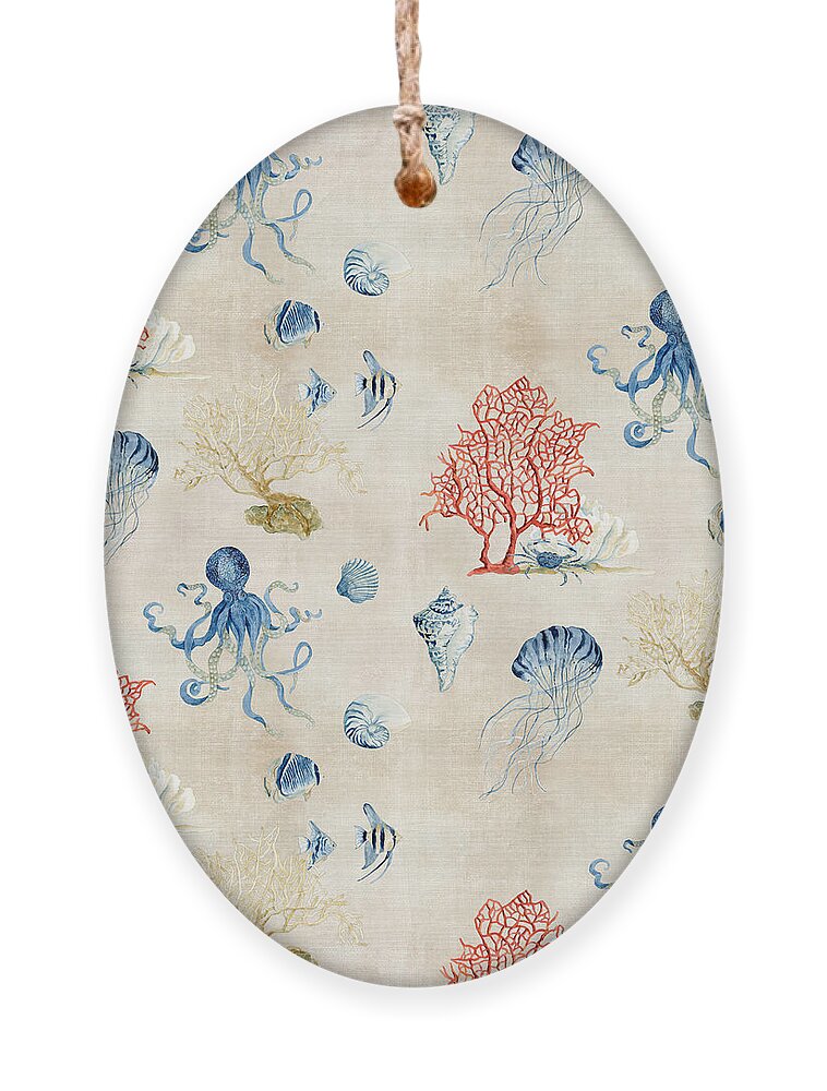 Octopus Ornament featuring the painting Indigo Ocean - Red Coral Octopus Half Drop Pattern by Audrey Jeanne Roberts