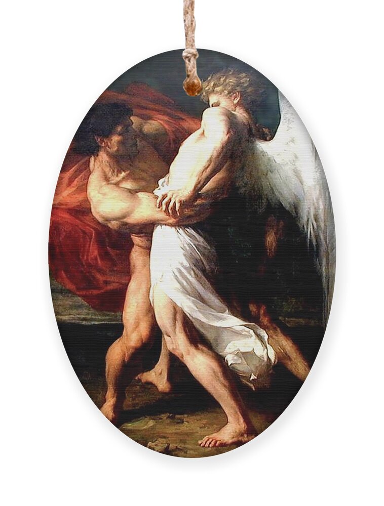 Jacob Wrestling With The Angel Ornament featuring the painting Jacob Wrestling with the Angel by Alexander Louis Leloir