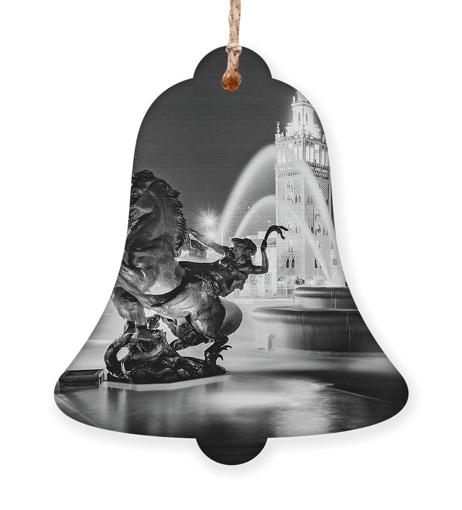 Missouri Fountain Ornament featuring the photograph J.C. Nichols Fountain and Statues - Square Format - Black and White Edition by Gregory Ballos
