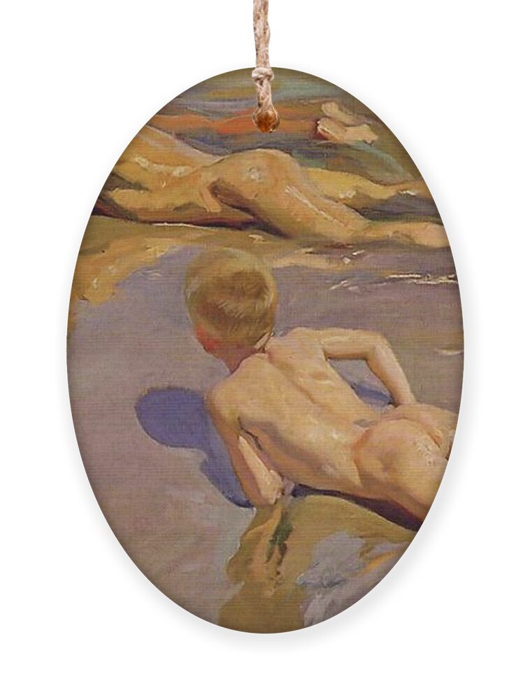 Children On The Beach Ornament featuring the painting Children on the Beach by Joaquin Sorolla