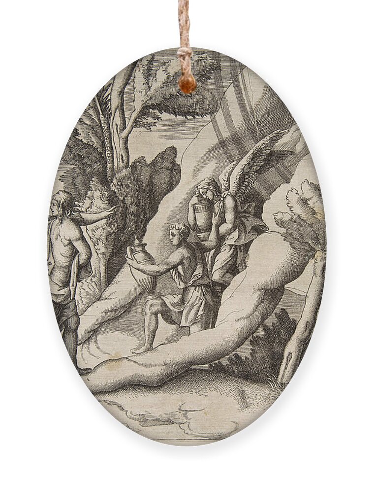 Giulio Bonasone Ornament featuring the drawing Jupiter and Juno being received in the heavens by Ganymede and Hebe by Giulio Bonasone