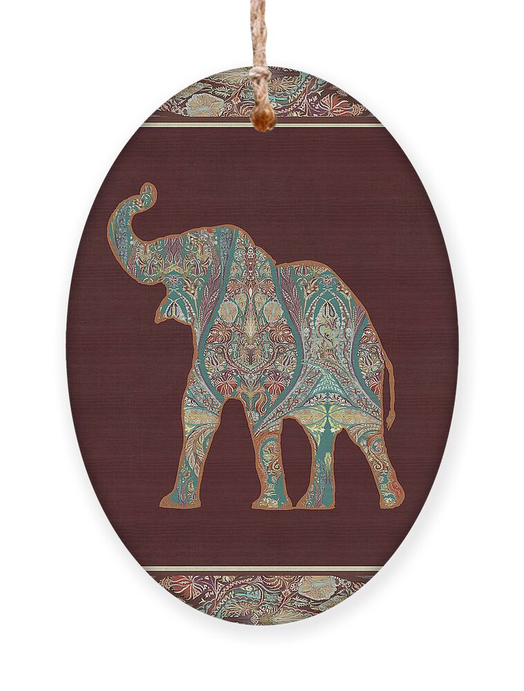 Rust Ornament featuring the painting Kashmir Patterned Elephant 3 - Boho Tribal Home Decor by Audrey Jeanne Roberts