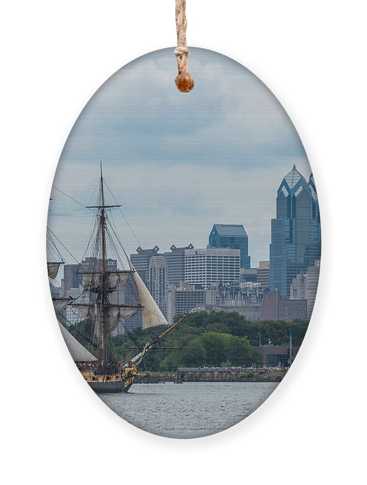 Terry Deluco Ornament featuring the photograph L Hermione Philadelphia Skyline by Terry DeLuco