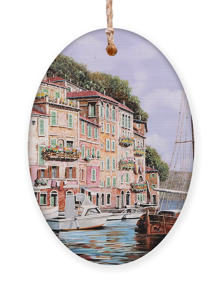 Landscape Ornament featuring the painting la barca rossa a Portofino by Guido Borelli