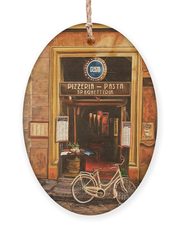 Italian Cafe Painting Ornament featuring the painting La Bicicletta by Charlotte Blanchard