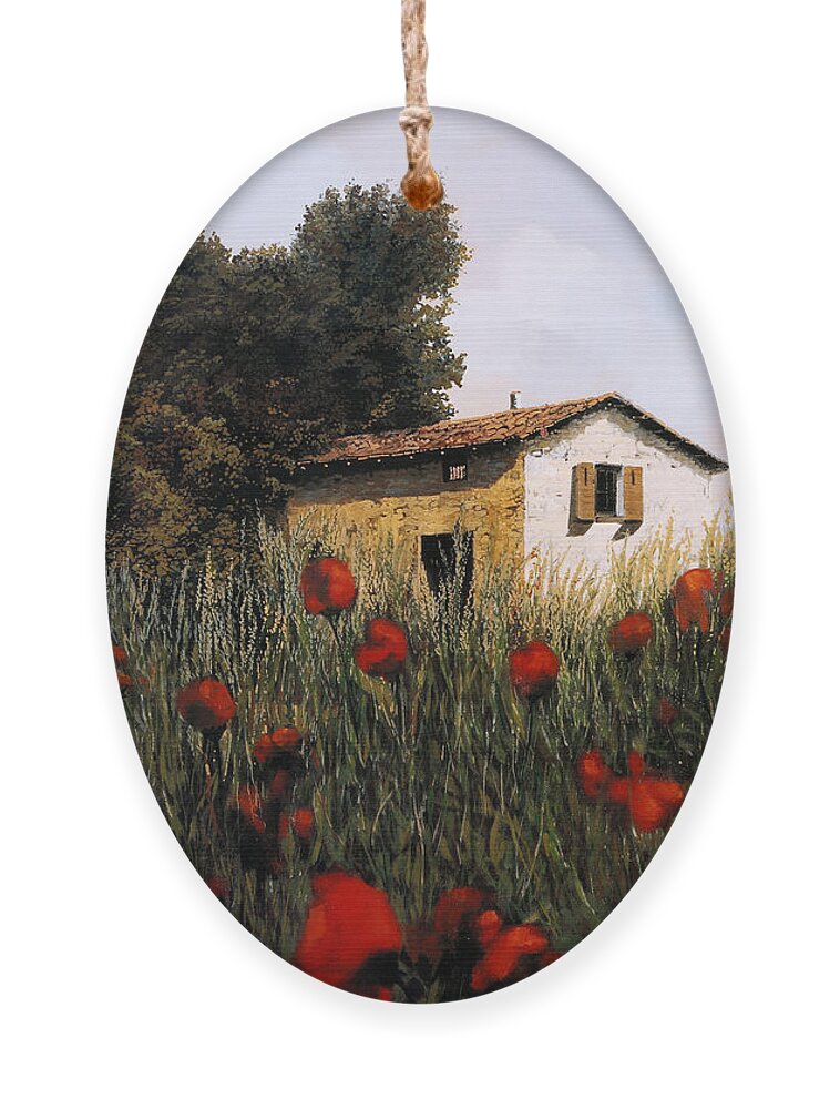 Poppy Field Ornament featuring the painting La Casetta In Mezzo Ai Papaveri by Guido Borelli