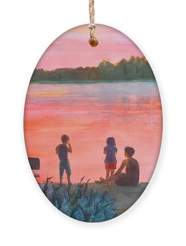 Sunset Ornament featuring the painting Lake Sunset with Family by Carlin Blahnik CarlinArtWatercolor