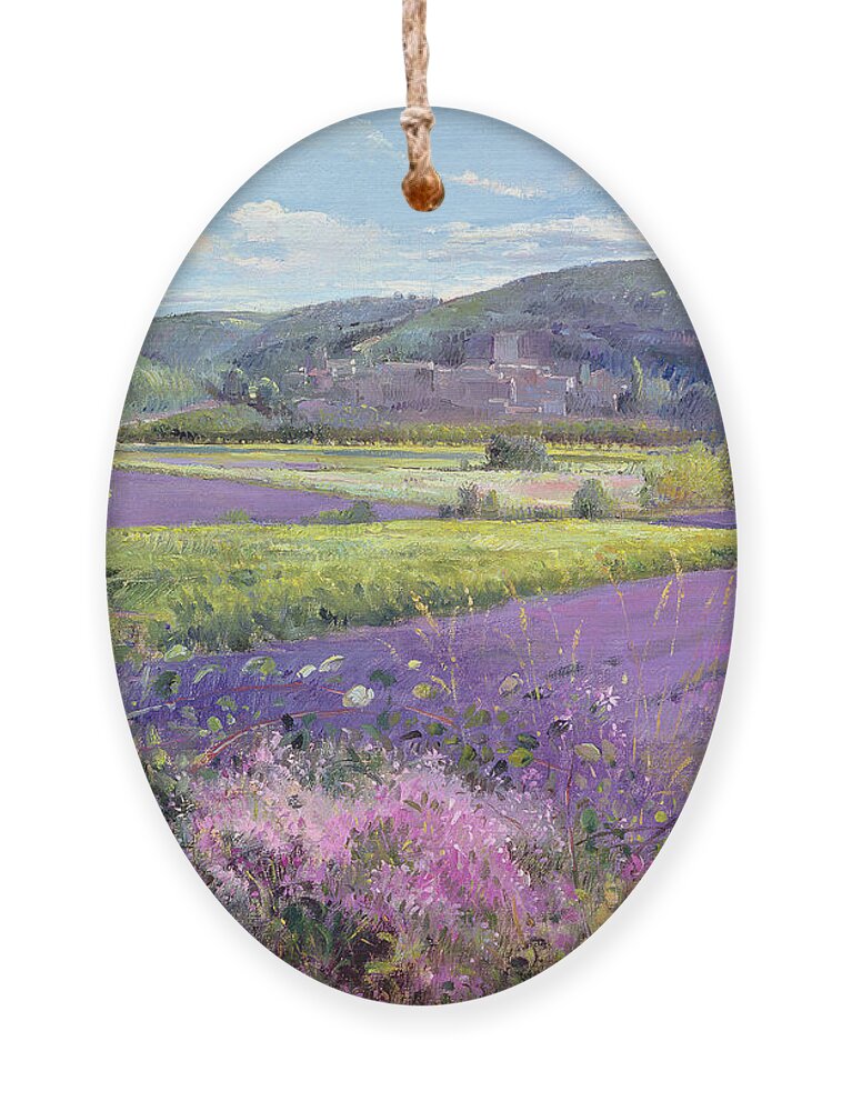 Field; South Of France; French Landscape; Hills; Hill; Landscape; Flower; Flowers Ornament featuring the painting Lavender Fields in Old Provence by Timothy Easton