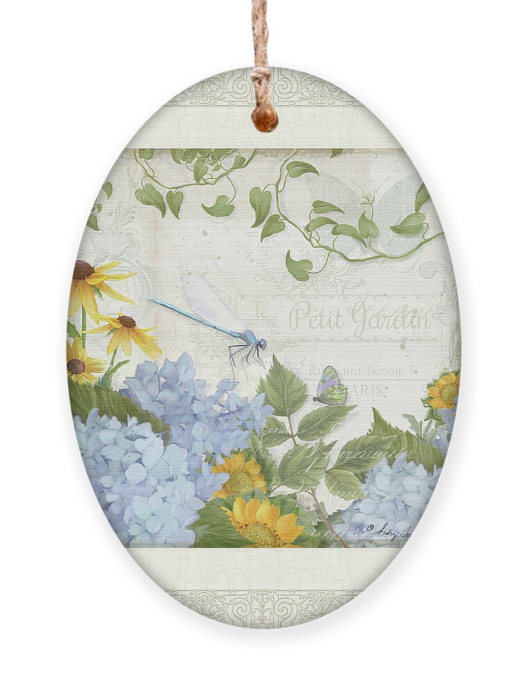 Le Petit Jardin Ornament featuring the painting Le Petit Jardin 2 - Garden Floral W Dragonfly, Butterfly, Daisies And Blue Hydrangeas w Border by Audrey Jeanne Roberts