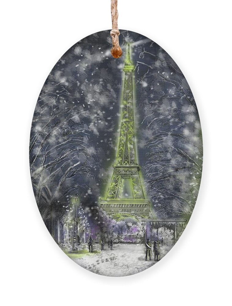 Eiffel Tower Landscape- Night Shot Ornament featuring the digital art L'Eiffel de Paris du Hiver by Rob Hartman