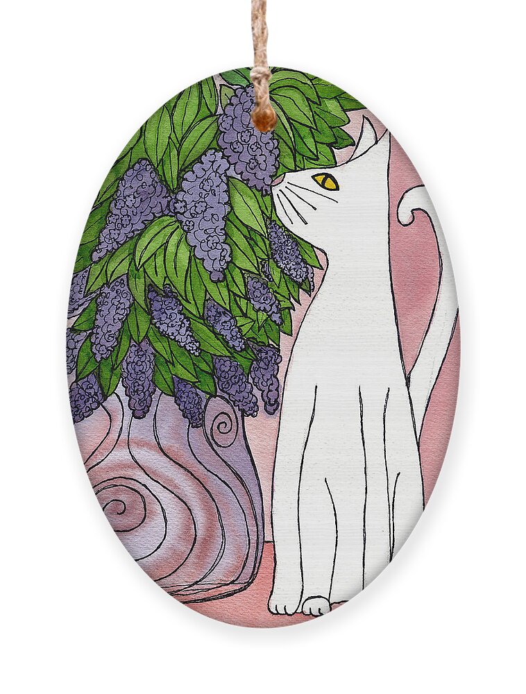 Lilac Ornament featuring the painting Lilac Sniffing Cat by Norma Appleton
