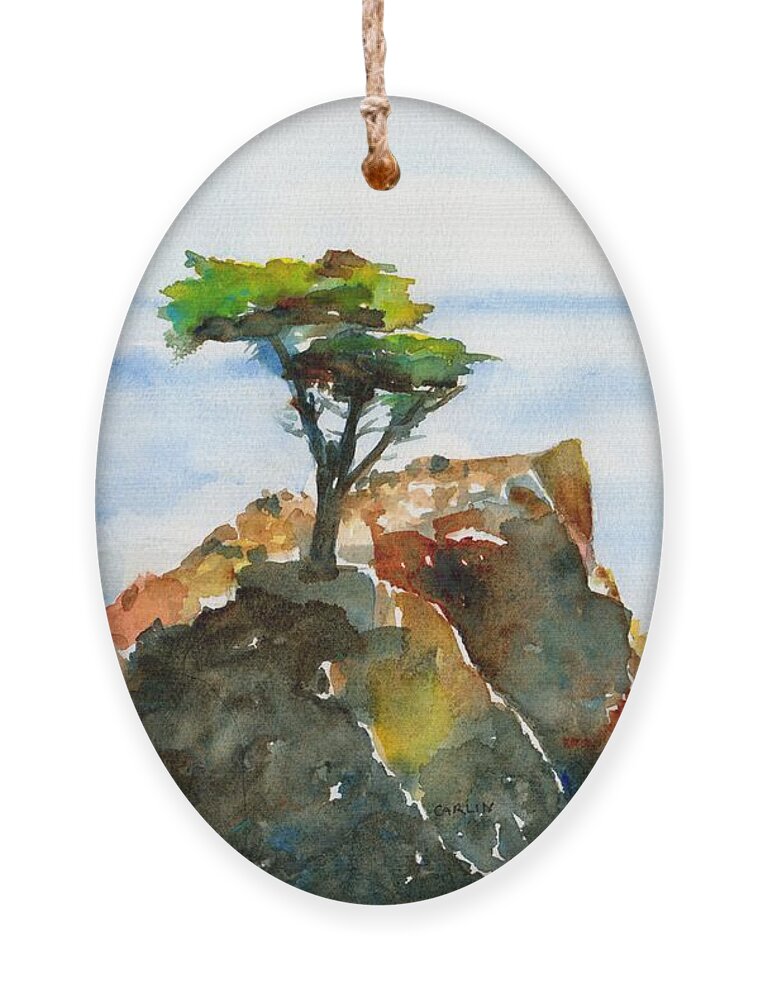 Lone Cypress Ornament featuring the painting Lone Cypress Pebble Beach Fog by Carlin Blahnik CarlinArtWatercolor