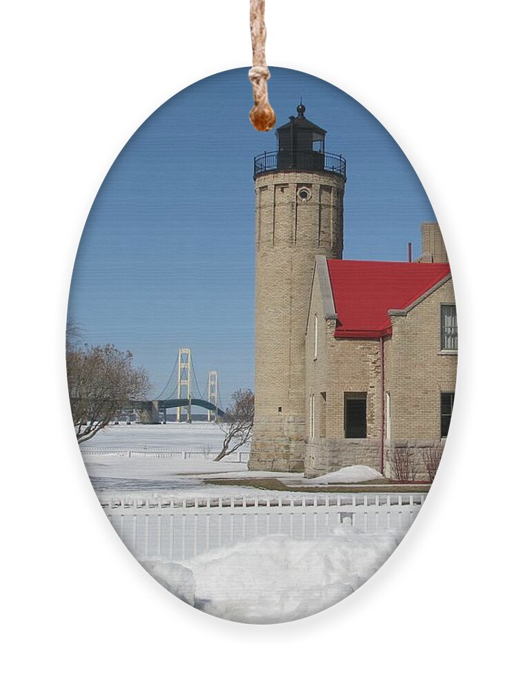Old Mackinac Point Ornament featuring the photograph Mackinac Bridge and Light by Keith Stokes