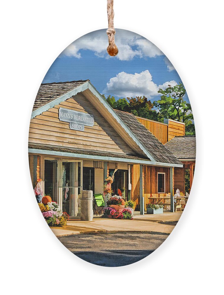 Door County Ornament featuring the painting Mann's Mercantile Shops on Washington Island Door County by Christopher Arndt