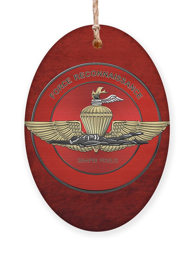 'military Insignia & Heraldry' Collection By Serge Averbukh Ornament featuring the digital art Marine Force Reconnaissance - U S M C  F O R E C O N Insignia over Red Velvet by Serge Averbukh