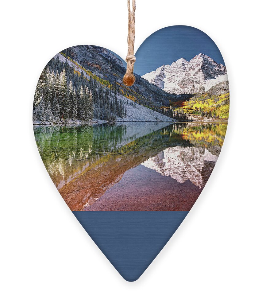 Olena Art Ornament featuring the photograph Sunrise at Maroon Bells Lake Autumn Aspen Trees in The Rocky Mountains Near Aspen Colorado by OLena Art