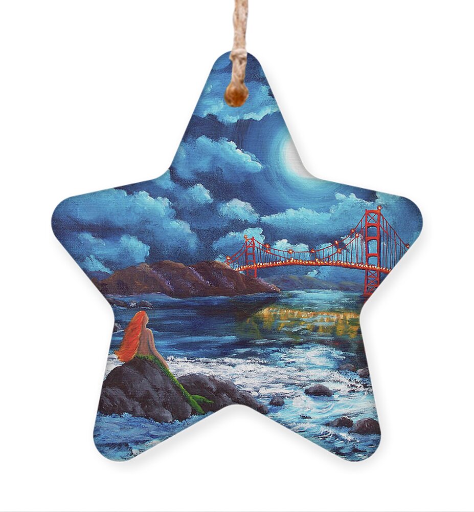 Painting Ornament featuring the painting Mermaid at the Golden Gate Bridge by Laura Iverson