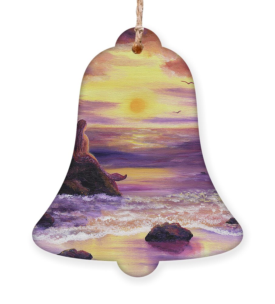 Mermaid Ornament featuring the painting Mermaid in Purple Sunset by Laura Iverson