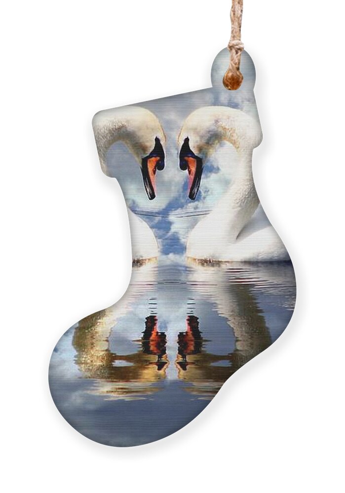 Mirrored White Swans Ornament featuring the photograph Mirrored White Swans with Clouds Effect by Rose Santuci-Sofranko