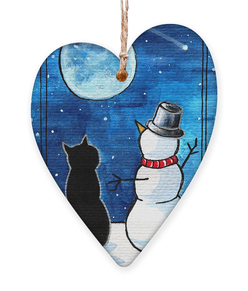 Moon Watching With Snowman Ornament featuring the painting Moon Watching With Snowman - Christmas Cat by Dora Hathazi Mendes