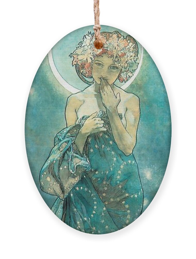 Alphonse Mucha Ornament featuring the painting Moonlight by Alphonse Mucha