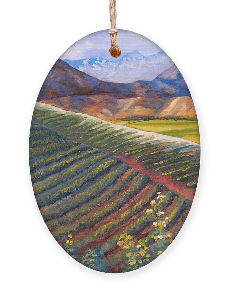 Farm Land Ornament featuring the painting Mountain Farmland The Vineyard by Vic Ritchey