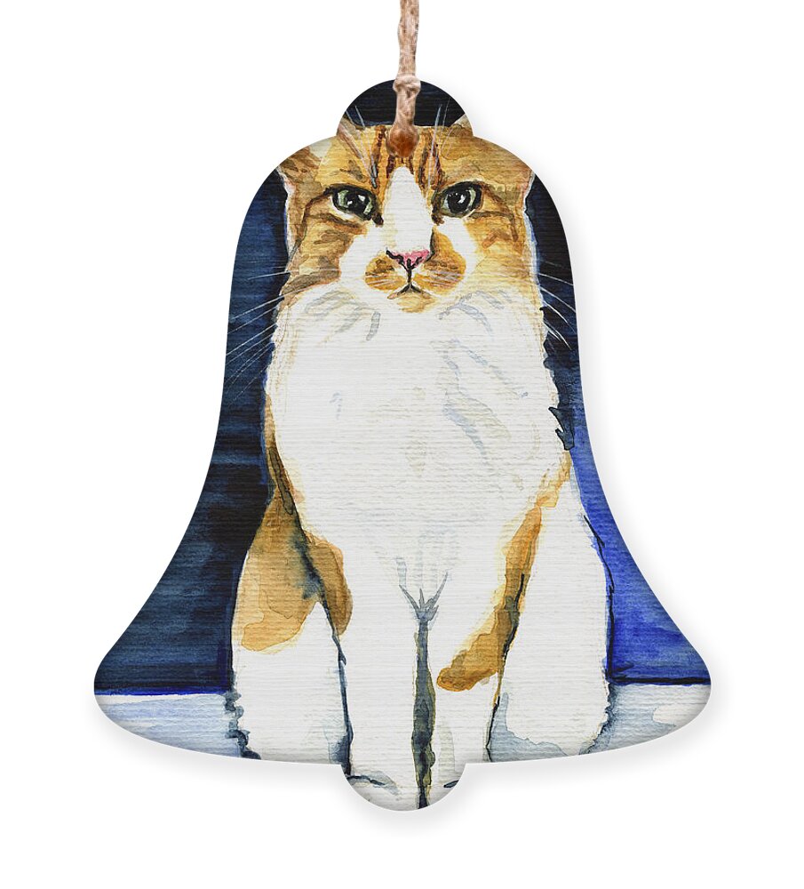 Mustached Bicolor Beauty Ornament featuring the painting Mustached Bicolor Beauty - Cat Portrait by Dora Hathazi Mendes
