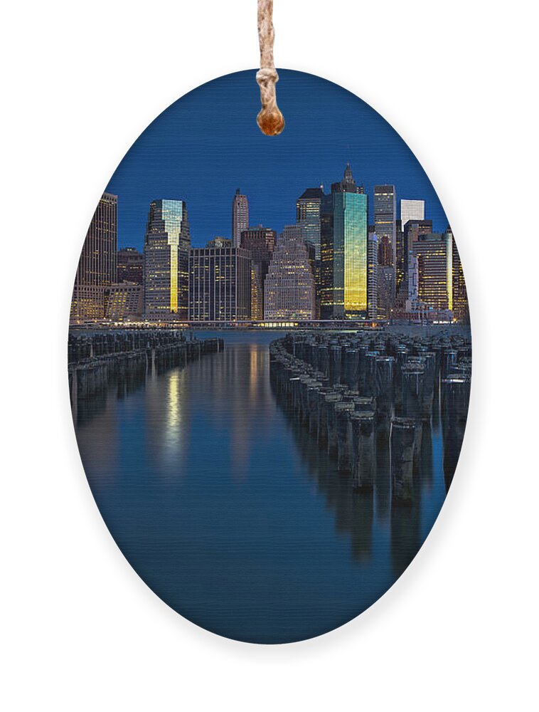 World Trade Center Ornament featuring the photograph New York City Moonset by Susan Candelario