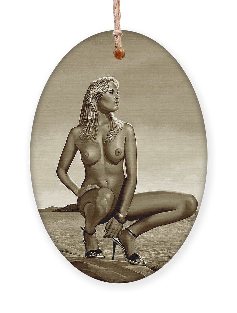 Nude Woman Ornament featuring the mixed media Nude Blond Beauty Sepia by Paul Meijering