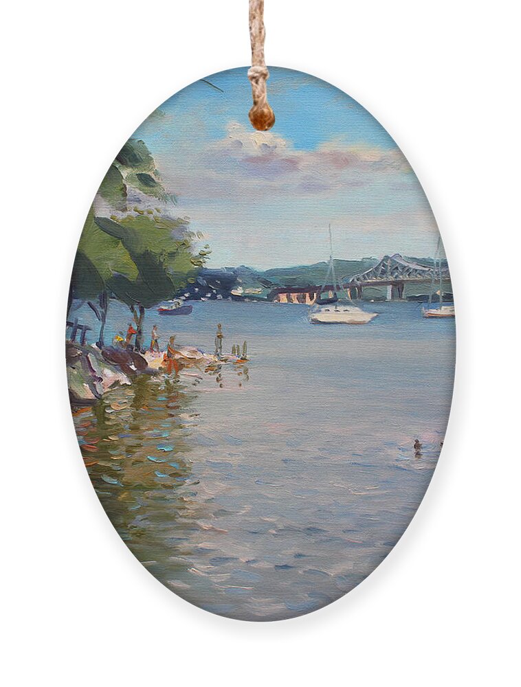 Nyack Park Ny Ornament featuring the painting Nyack Park by Hudson River by Ylli Haruni