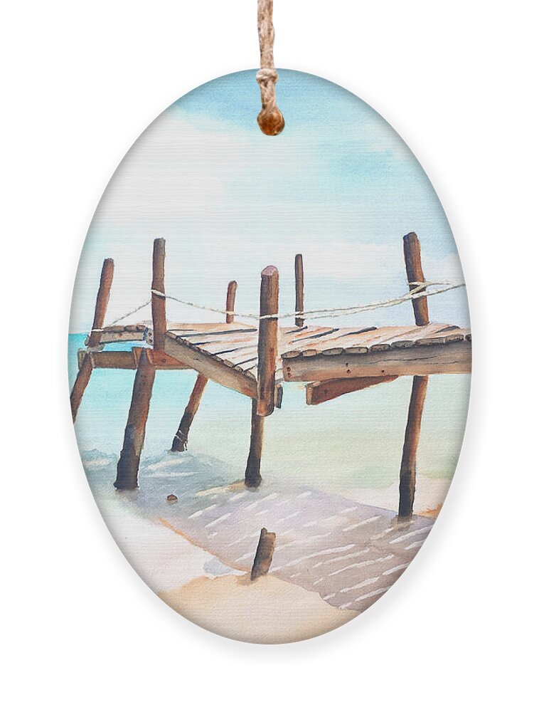 Pier Ornament featuring the painting Old Fishing Pier Watercolor by Carlin Blahnik CarlinArtWatercolor