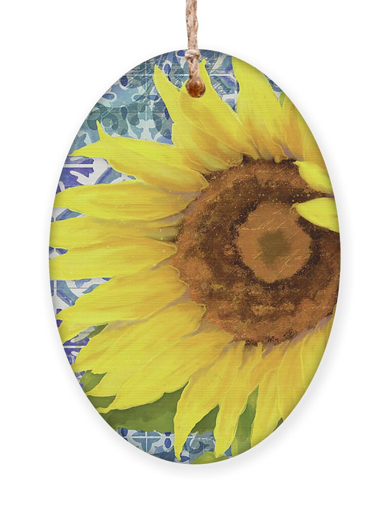 Old Havana Ornament featuring the painting Old Havana Sunflower - Cobalt Blue Tile Painted over Wood by Audrey Jeanne Roberts